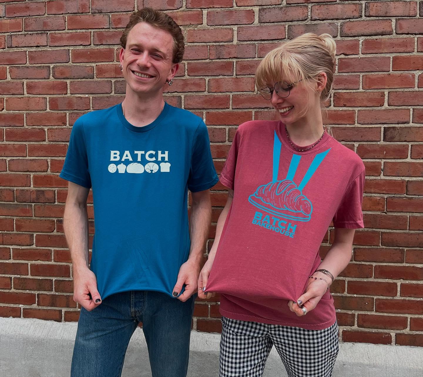 We’re so excited to share our new shirts! The amazing croissant theme was designed by our very own @benstefanic. Modeled by Ben and @kaya.barton, and printed at @sdsmadison! Pick one up next time you stop by Batch for treats 😎